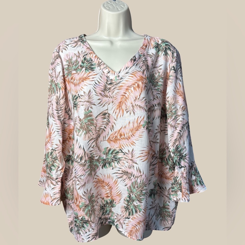 J. Jill Love Linen Pink Tropical Floral Bell 3/4 Sleeve Blouse Peasant SZ M